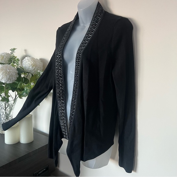 Black leather detailed Jana open front drape/wrap cardigan - Picture 3 of 12